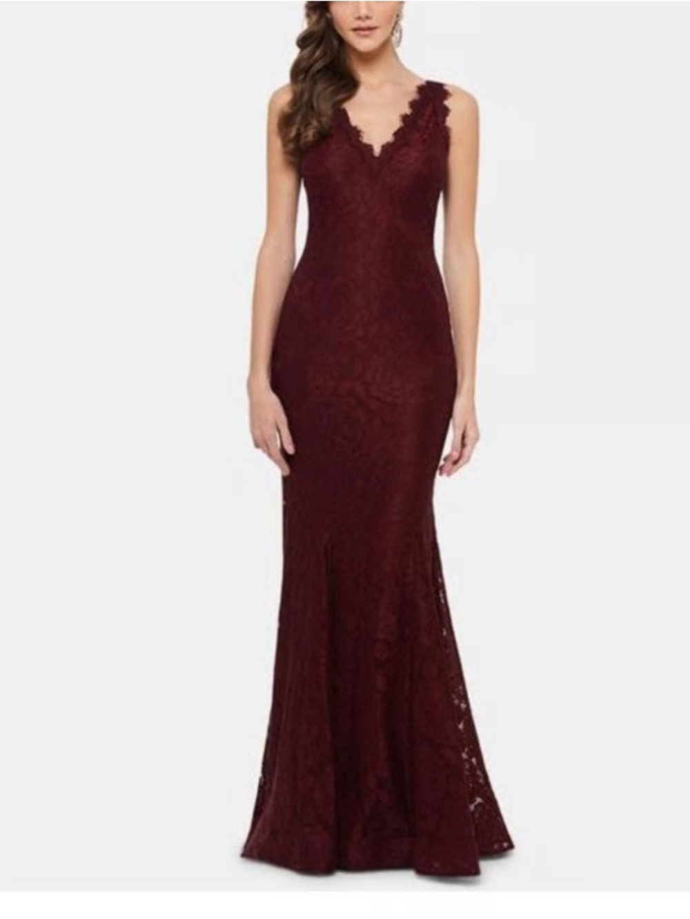 Betsy & Adam Burgundy Lace V-Neck Maxi Gown